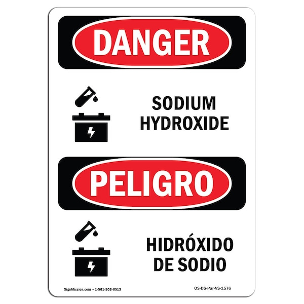 Safety Sign, OSHA Danger, 5" Height, Sodium Hydroxide Bilingual Spanish, 10PK